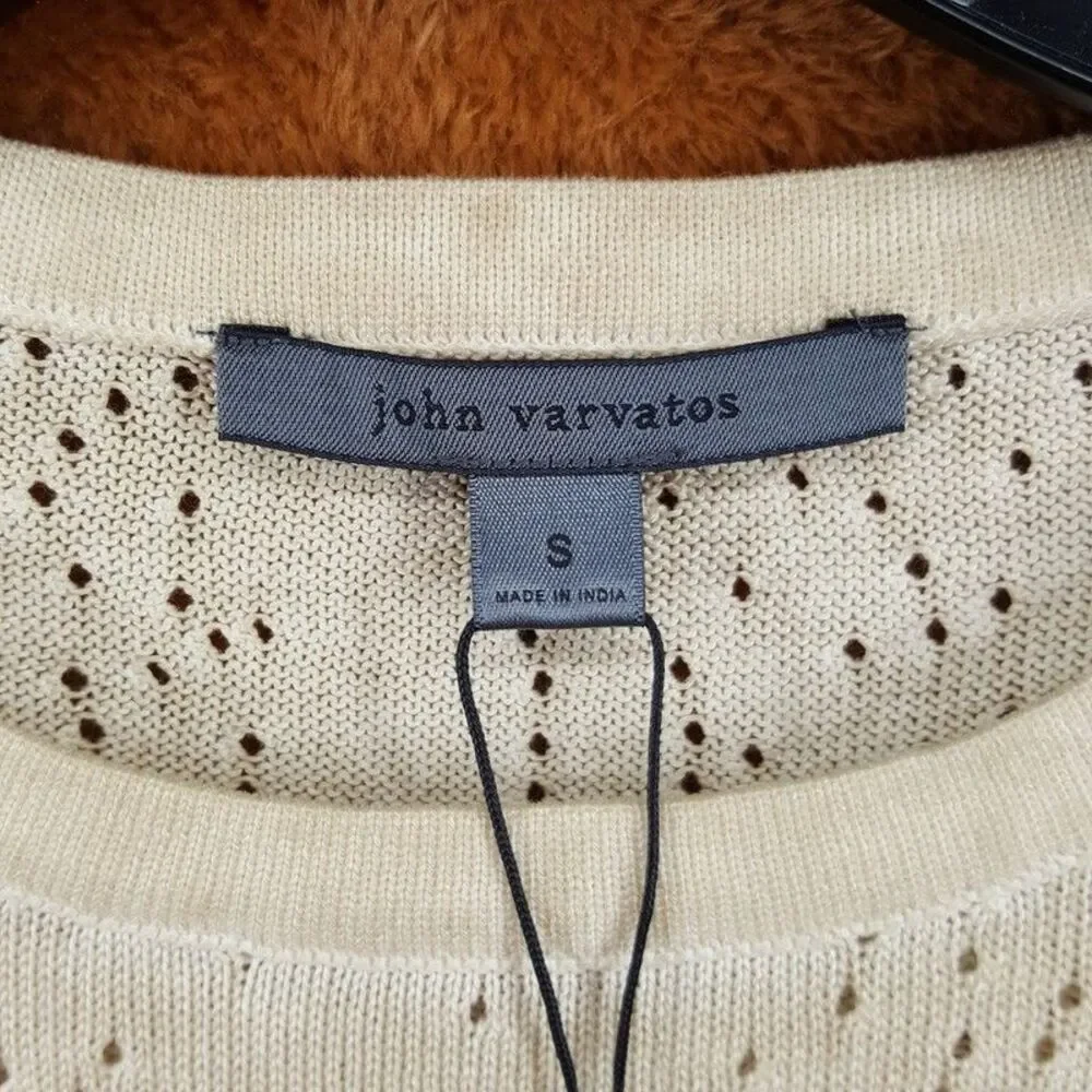JOHN VARVATOS Mens Sweater Small Tan Pullover Crew CAMDEN Mesh Stitch Sheer $228